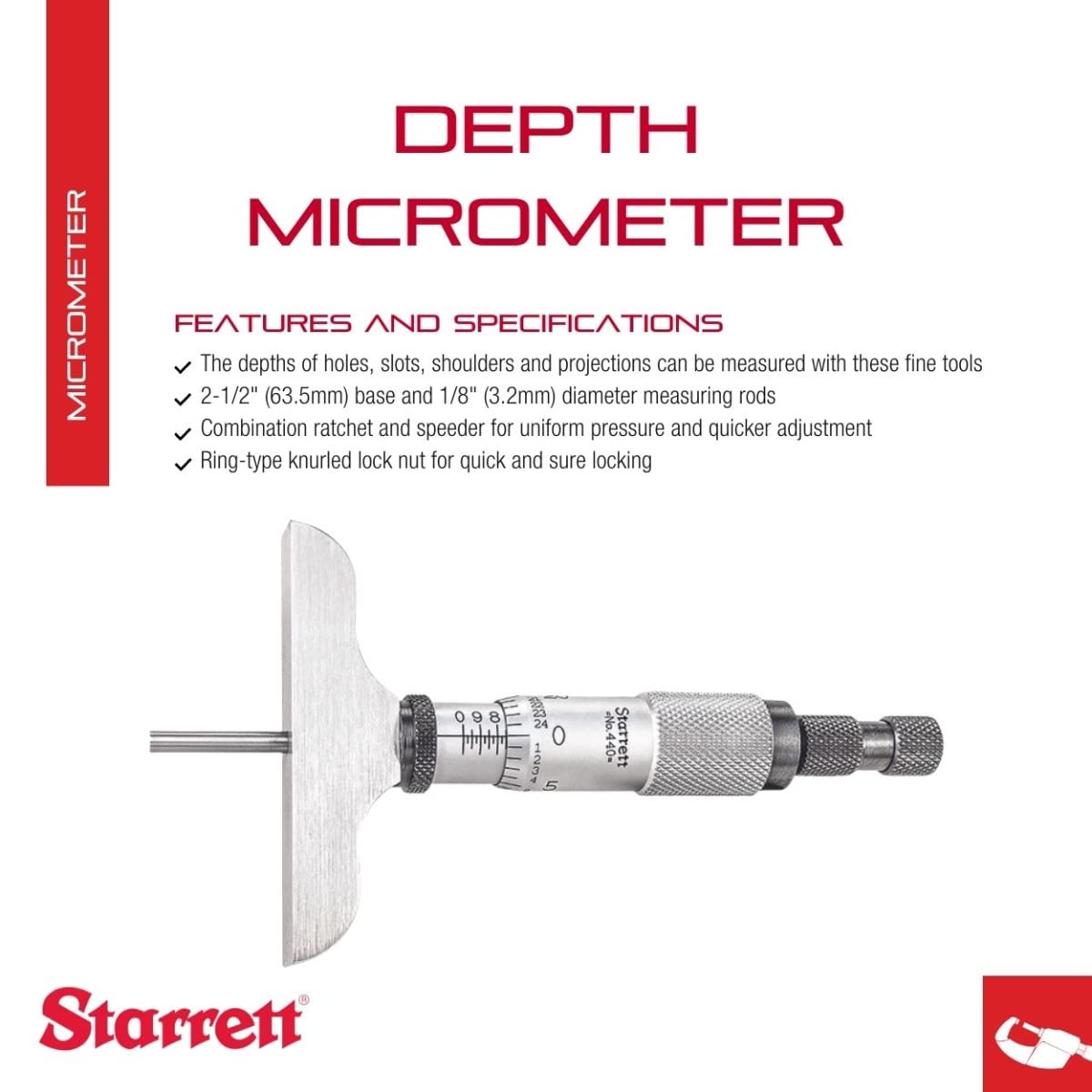 Starrett 440Z-3RL - Medidor de profundidad de vernier, tope de carraca, tuerca de bloqueo, tipo micrometro, rango de 0 – 3", graduación de 0,001", base de 6,35 cm, 3 varillas, precisión de +/-0,0001"