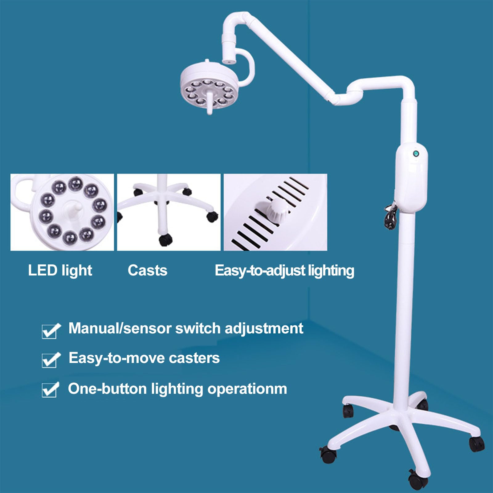 Lampa stomatologiczna do jamy ustnej, lampa bezcieniowa z 10 żarówkami LED, regulowana jasność, uniwersalne kółka, obrót o 360°, do oświetlenia pomocniczego w stomatologii