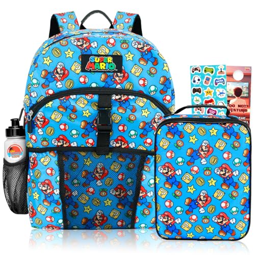 Mochila Mario com conjunto de lancheira – Pacote com mochila de 41 cm, lancheira, adesivos, garrafa de água, mais | Super Mario Bros Mochila escolar com lancheira para meninos