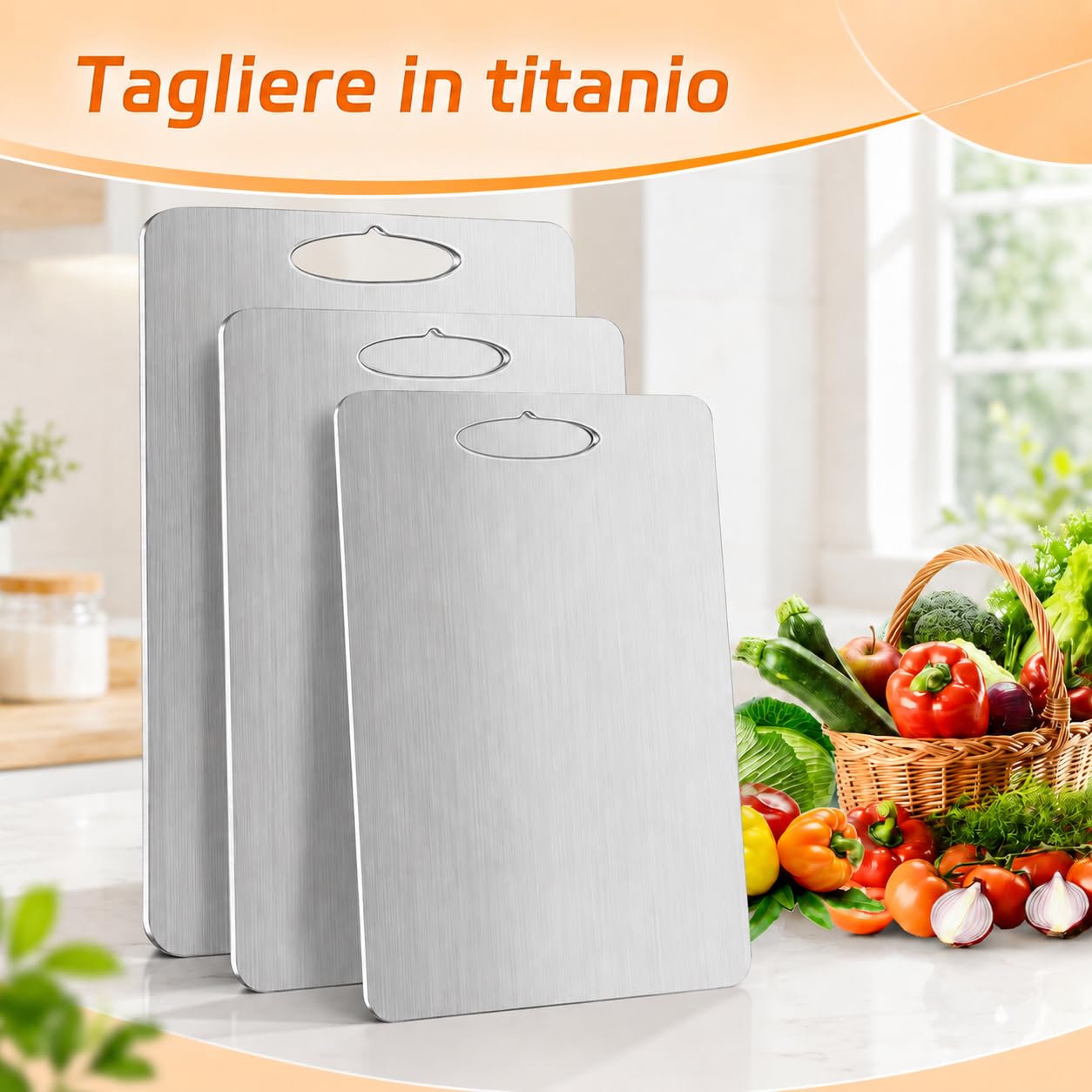 Set di 3 Tagliere in Titanio, S316 Tagliere Acciaio Inox, Doppio Lato per Alimenti, Cutting Board Facile da Pulire per Verduras, Fruttas e Carne