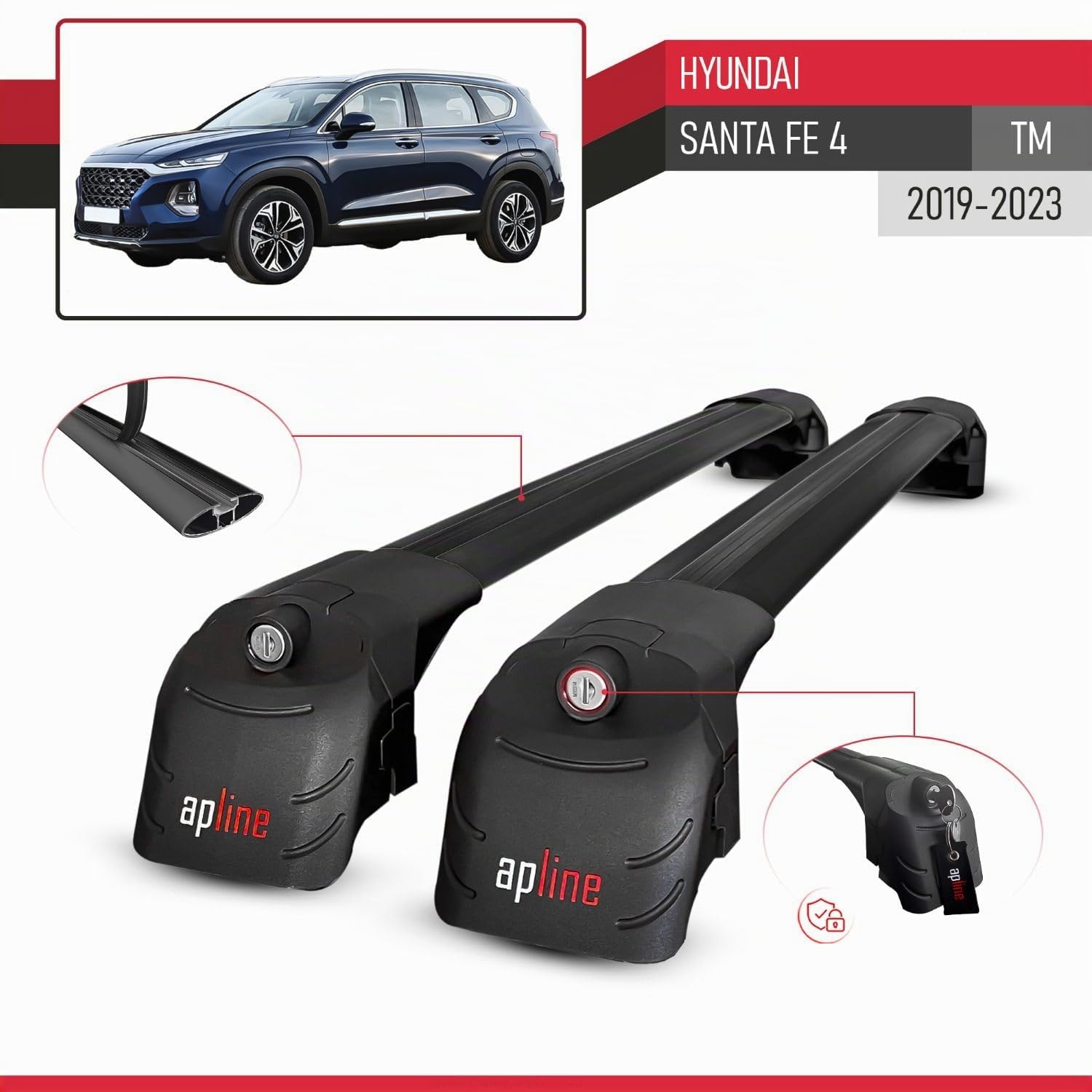 Compatible con Hyundai Santa Fe 4 (TM) 2019-2023 Modelo Ace-2 Barra de Techo Auto Portaequipajes Barras Transversales Negro Aluminio 2 Barras