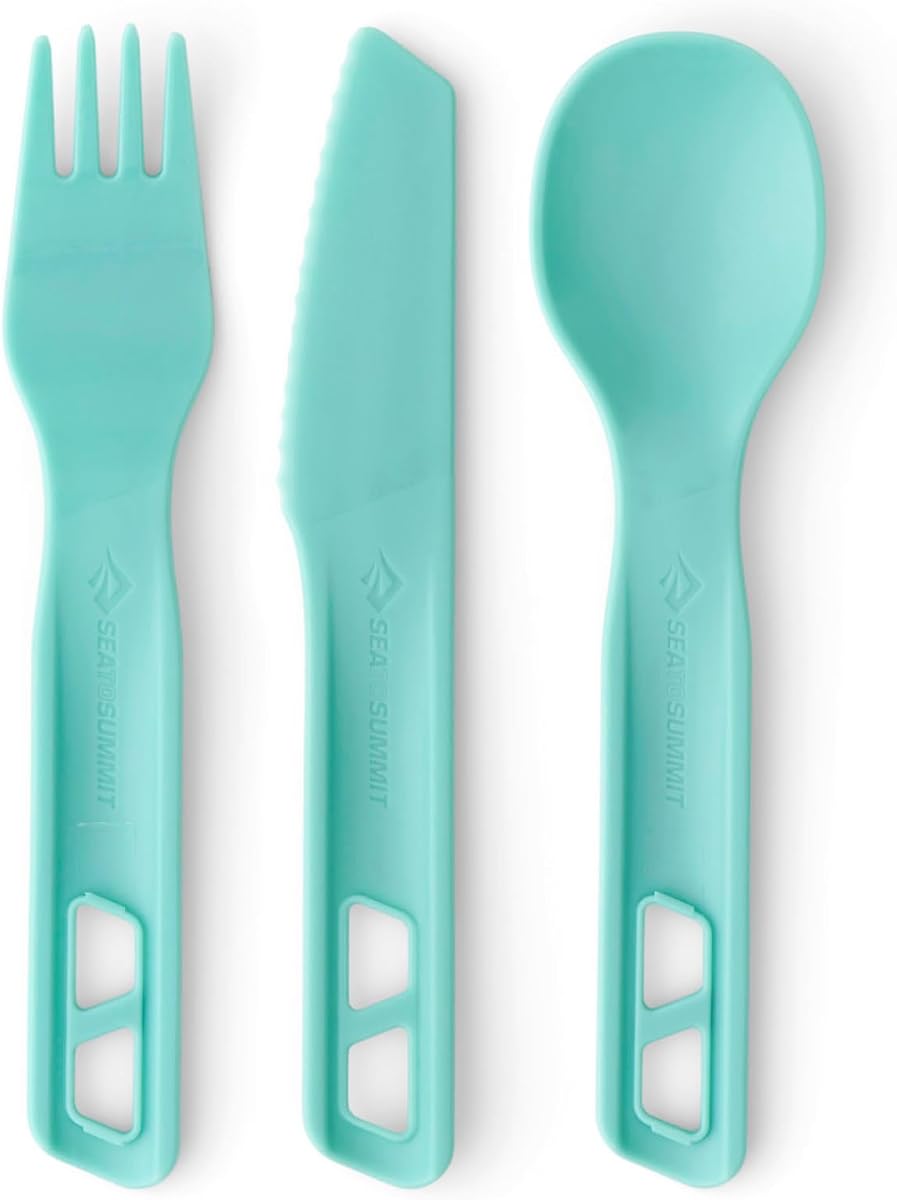 Sea to Summit Passage Camp Cutlery Set, Fork, Spoon and Knife, Aqua Sea Blue | Lightweight camp cutlery set snaps together for easy storage in durable, easy-clean, food-grade polypropylene
