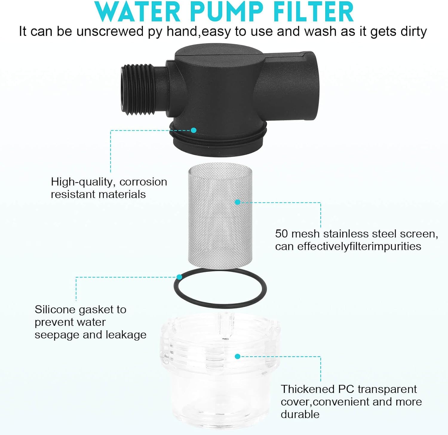 EINDER RV Water Pump Filter 1/2" NPSM Inlet/Outlet, 2-Pack | Compatible with WFCO or Shurflo Water Pumps, For RVs, Boat Replacements, Twist On Pipe Strainer
