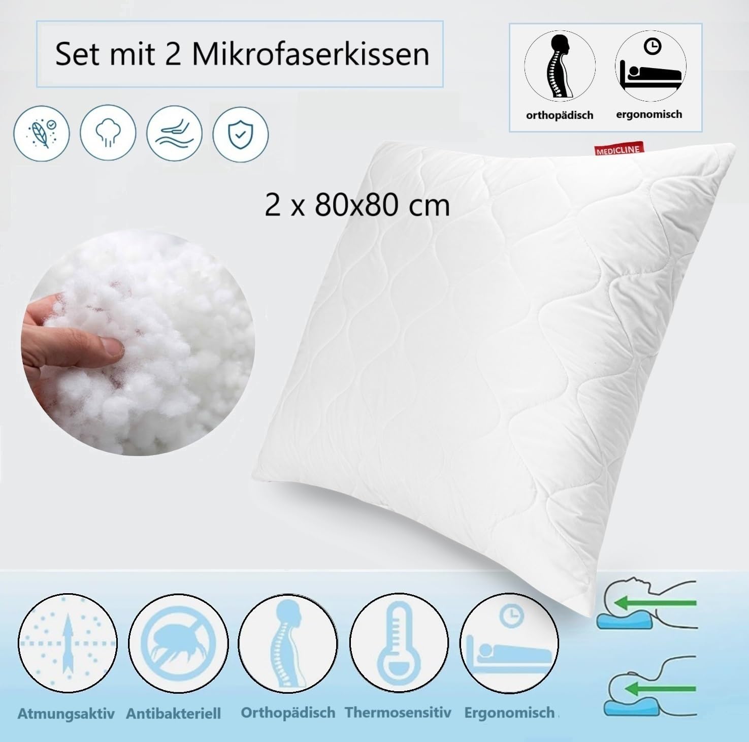 2er-Set Kopfkissen 80 x 80 cm Antiallergisch und Atmungsaktiv Mikrofaser-Kissen für Einzelbett und Doppelbett Weich und Waschbar