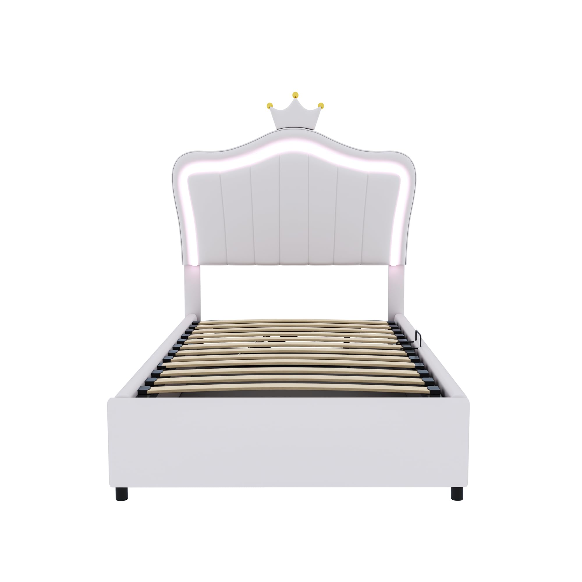 Cama tapizada para niños de 90 x 200 cm, con diseño de coronas, cama de almacenamiento hidráulico, cabecero de altura regulable, cama individual con somier, piel sintética (blanco)