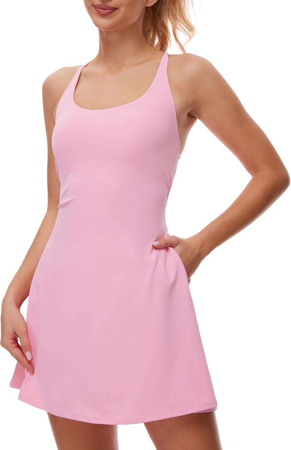 M MOTEEPI Women's Pink Medium Active Dress with Shorts Tennis Golf Workout Dress Open Back Sleeveless 84% Polyester 16% Spandex 5cm W x 10cm L x 5cm H - Image 2