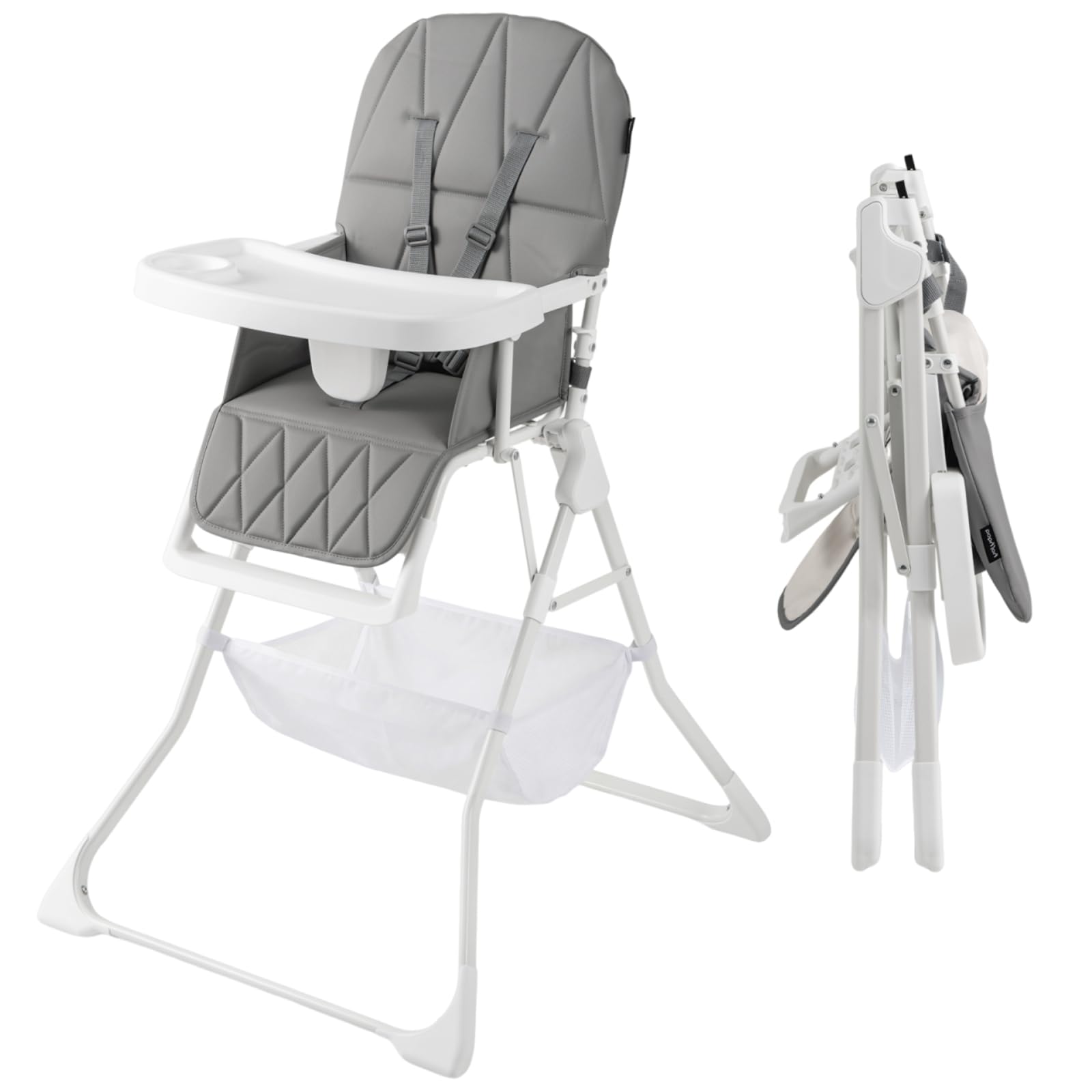 Maxmass Foldable High Chair, Compact High Chair with 3-Position Adjustable Dishwashable Tray, Removable Seat Cushion, 5-Point Safety Harness, Highchair for Baby Infant (Grey with Basket)