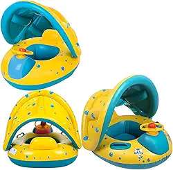 Boia Infantil com Cobertura Solar, Amarela e Azul, PVC Resistente, 90x46cm, Assento Ergonômico, Proteção UV, Para Crianças 6 Meses a 3 Anos, Suporta 26kg