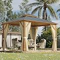 MELLCOM 10x12FT Hardtop Gazebo, Wooden Finish Coated Aluminum Patio Gazebo with Aluminum Composite Double Roof for Patio Lawn and Garden, Curtains and Netting Included