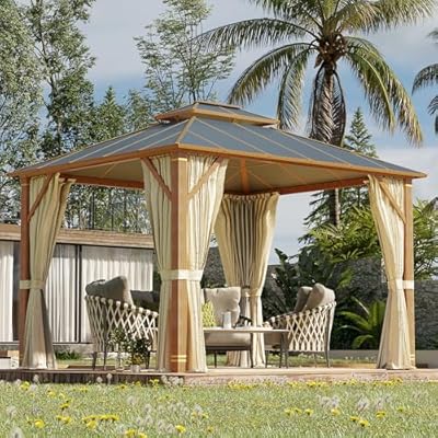 MELLCOM 10x12FT Hardtop Gazebo, Wooden Finish Coated Aluminum Patio Gazebo with Aluminum Composite Double Roof for Patio Lawn and Garden, Curtains and Netting Included