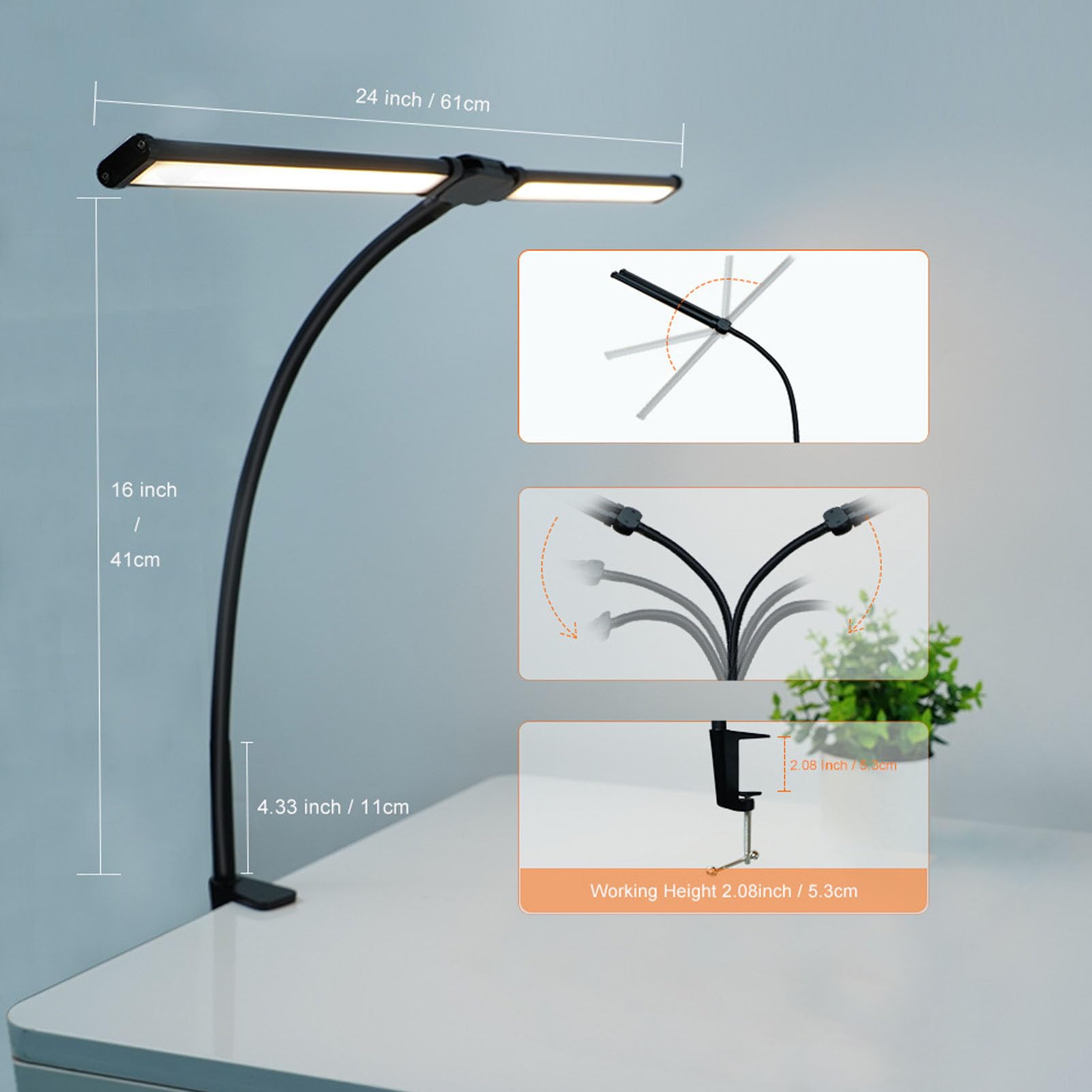 Lampada da Scrivania a LED per Ufficio, Casa, Luminosa Lampada da Scrivania a Doppia Testa con Dimmerabile Continuo in 3 Colori, Lampada a Collo di Cigno Flessibile,