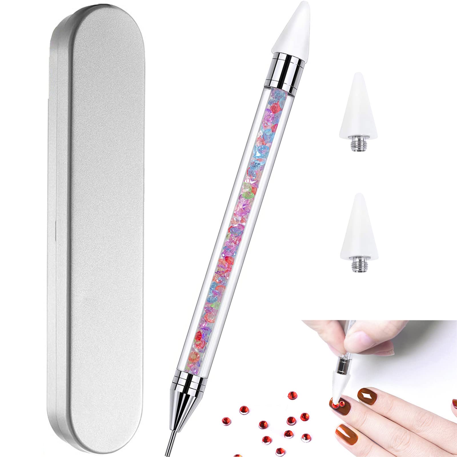 Herramienta de punteación de diamantes de imitación con 2 cabezales de cera adicionales, herramienta de arte de uñas de doble extremo con mango acrílico rosa, colorido