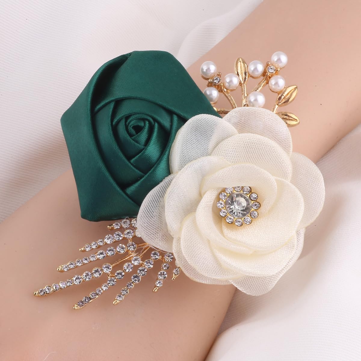 Bride Bridesmaids Rose Wrist Corsage Girls Ladies Accessories,Wrist Flower for Prom, Homecoming Dinner Parties, Weddings. (6, Emerald Green)