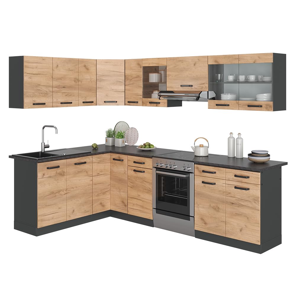Vicco Cocina esquinera Rick, Oro Power Roble/Antracita, 270 x 60 cm, ET Negro Estampado, con módulos combinables de Forma Variable y Patas Ajustables en Altura