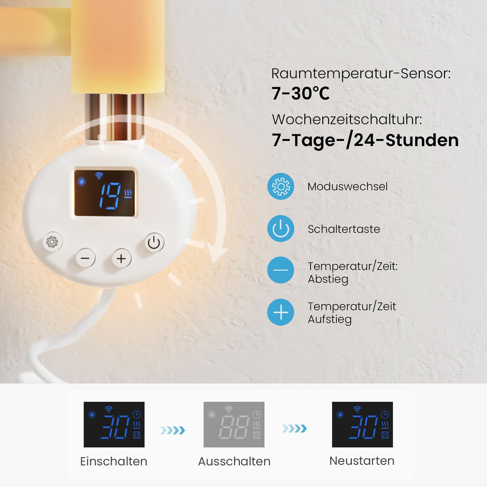 Heilmetz Smart WiFi Heizstab Weiß 600W, Heizpatrone Heizelemente für Heizungen Heizkörper Badheizkörper Handtuchtrockner mit Thermostat elektronischer Temperaturregler Und Timing-Funktion