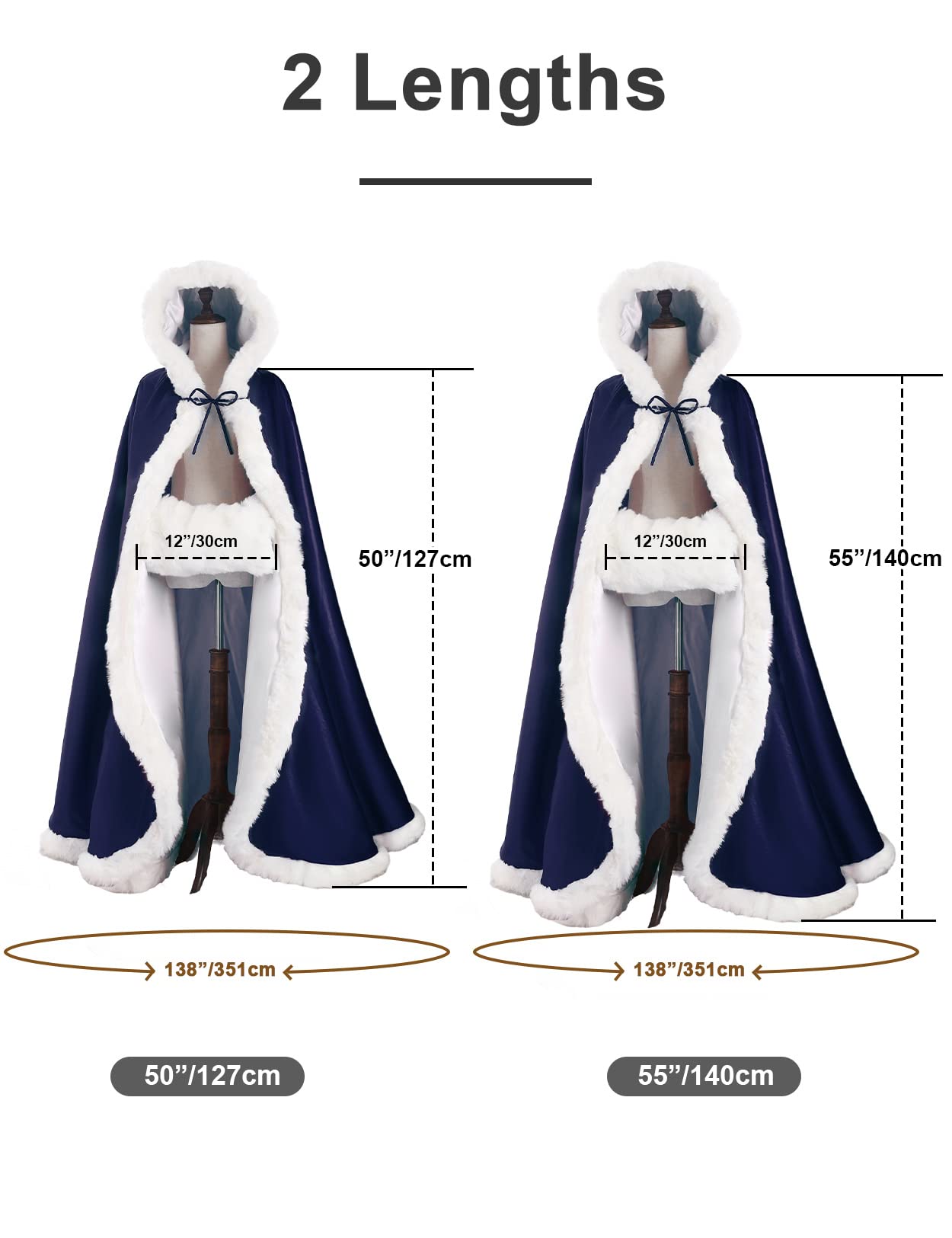 BEAUTELICATE Umhang Damen Mit Kapuze Cape Hochzeit Braut Winter Mit Pelzbesatz in Voller Länge Mehrere Farben FREIER Hand MUFF