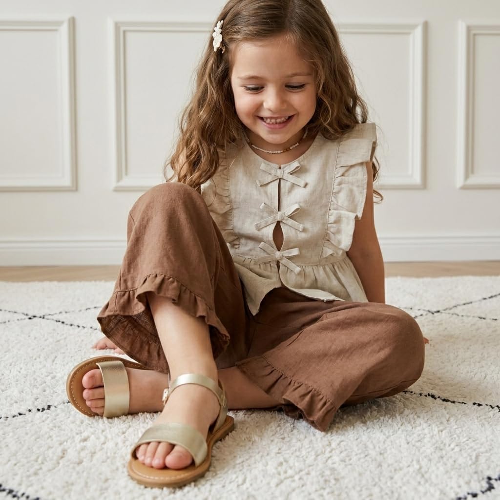 CUSHIONAIRE Clara Casual Flat Girls Sandals, Adjustable Buckle Ankle Strap with Lightweight Cushioned Comfort Kids Sandals
