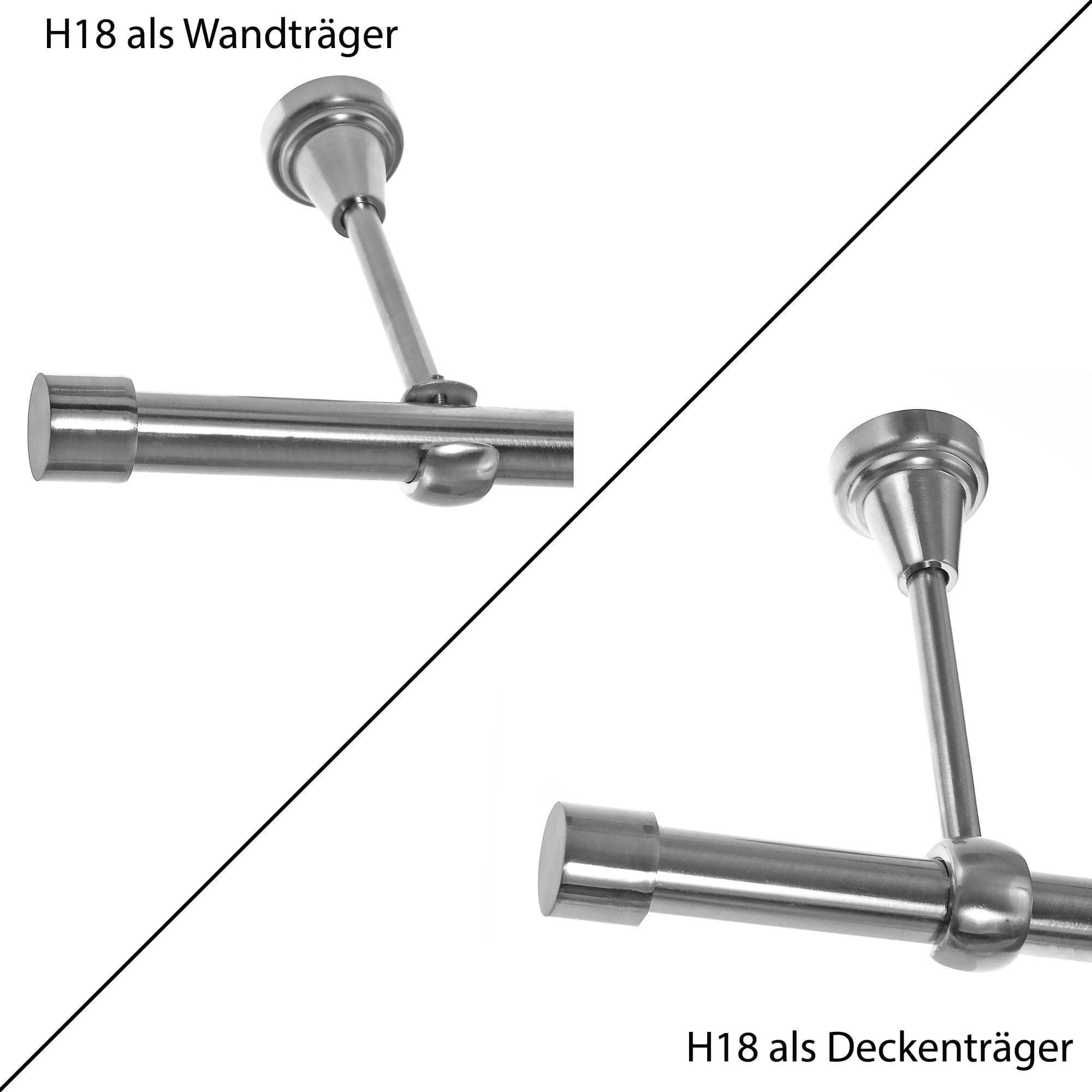 BASIT Gardinenstange Edelstahllook 19mm 1-läufig Wand Decke 480cm lang H18 | Gardinenstangenset einläufig Wandmontage & Deckenmontage Metall Vorhangstange 120-600cm wählbar Kappe Kappe E61