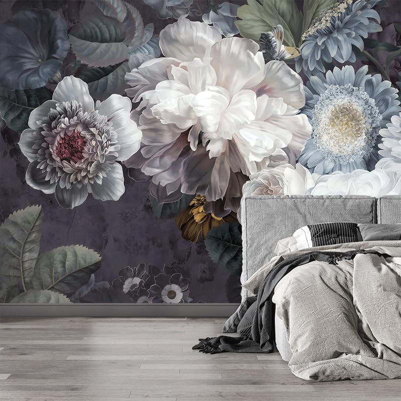 Papier peint fleurs gris et bleu pour un salon moderne 400x240