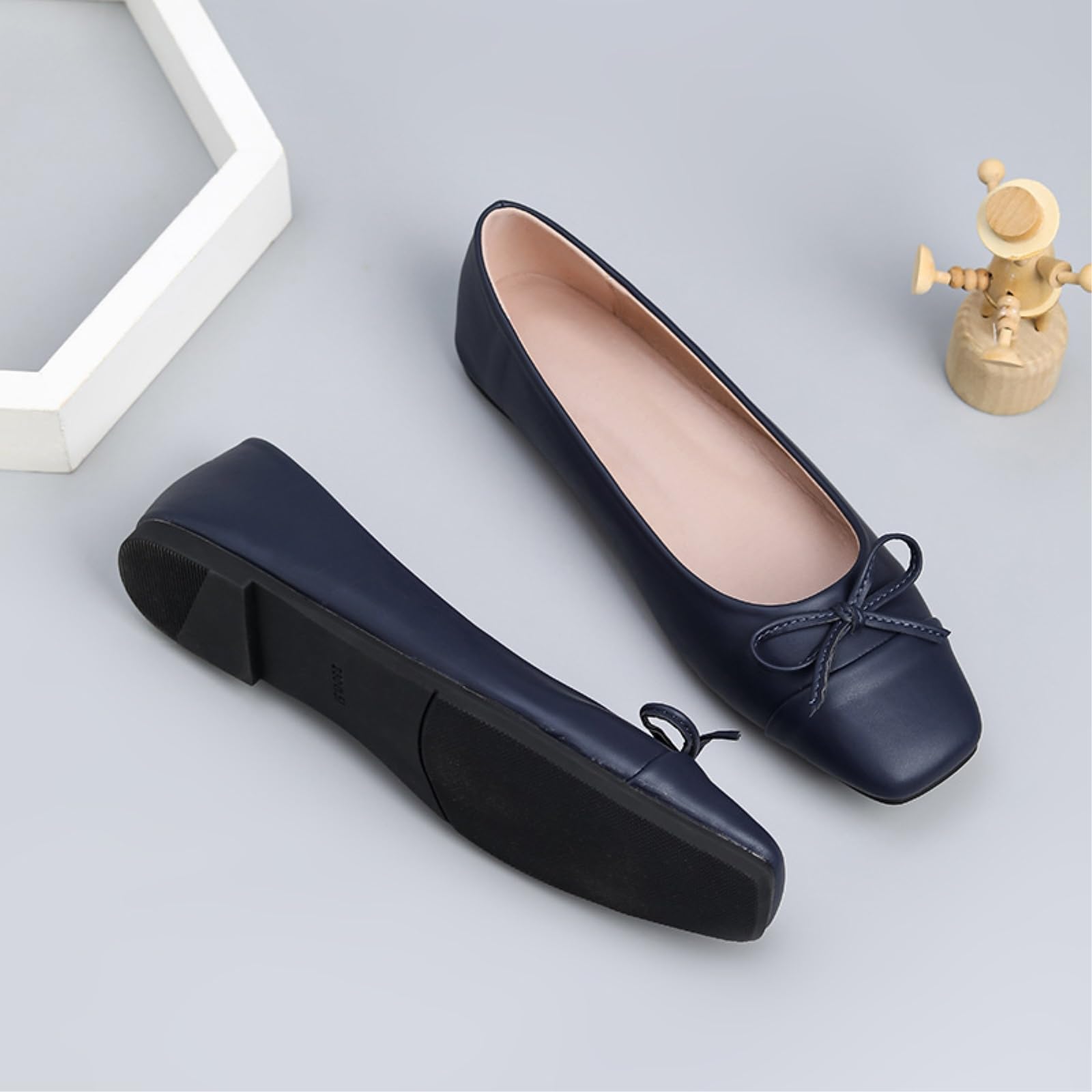 SMYDM - Ballerine da donna con punta quadrata e fiocco, in pelle PU, comode, piatte, per ufficio, lavoro, colore: nero, blu navy, rosso