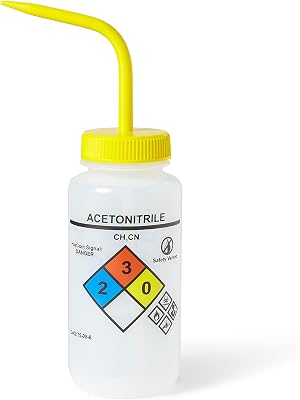 United Scientific™ UniSafe™ Wide Mouth LDPE Vented Chemical Wash Bottle, Acetonitrile, 500mL (16oz), 4-Color, Pack of 6