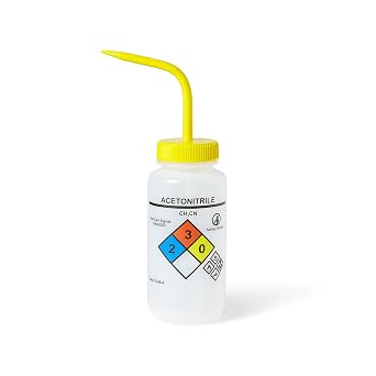 United ScientificTM UniSafeTM Wide Mouth LDPE Vented Chemical Wash Bottle, Acetonitrile, 500mL 16oz, 4-Color, Pack of 6