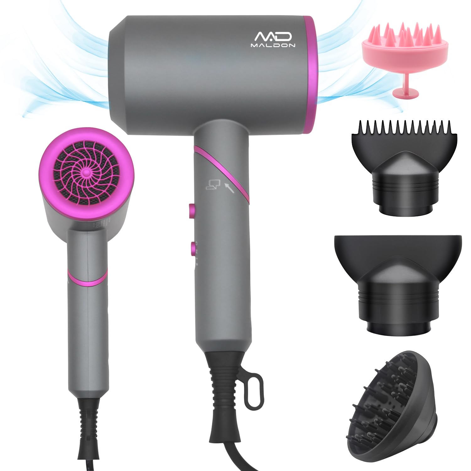 COOLBABY Maldon Professional Hair Dryer, 2000W Powerful AC Motor Fast Drying Blow Dryer, Ionic Hair Dryer with 3 Speeds 3 Heat Setting, Cool Shot Button with 2 Diffusers & 2 Concentrator (Grey)