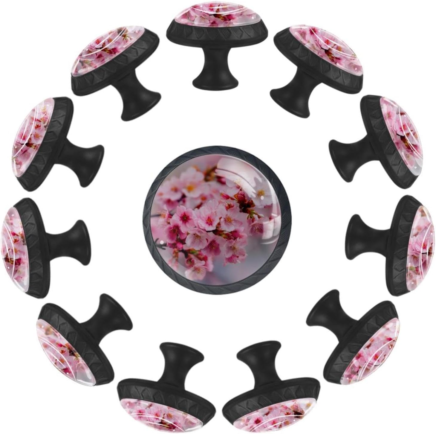 Black Cherry Blossom Flower Pink (1) Simple Style Cabinet Knobs, Durable Drawer Knobs with Complete Screws