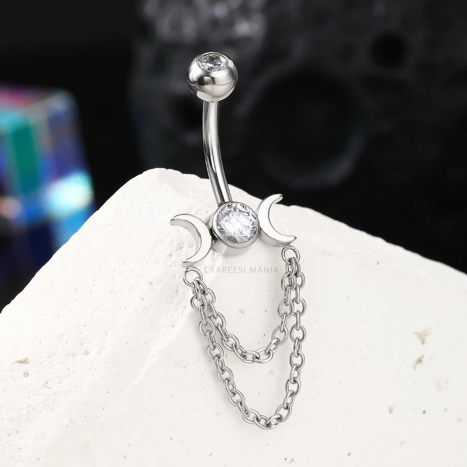CM Crareesi Mania Moon Phase Belly Button Rings Double Chain Belly Rings 316L Stainless Steel Belly Button Piercing Jewelry 14Gauge Belly Ring for Women