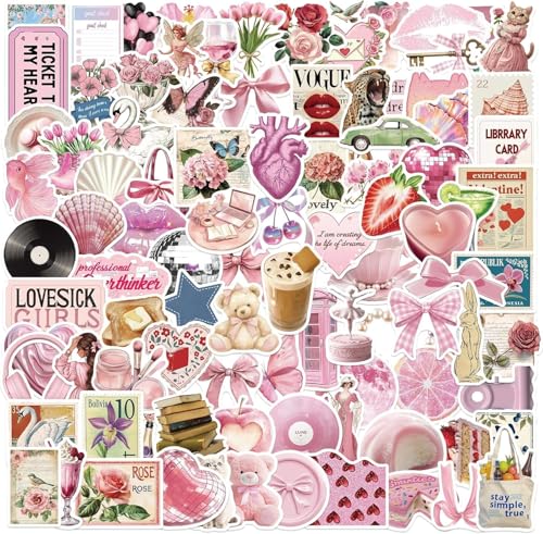 Pack de 100 Autocollants Coquette Vintage Rose Esthétique, Stickers PVC Résistants à l'Eau pour Gourde, Ordinateur Portable, Scrapbooking, Téléphone,...