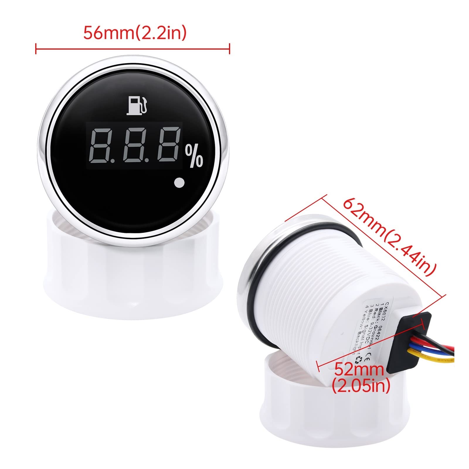 Indicador de nivel de agua, Medidor de nivel de tanque de combustible Digital for coche de barco marino de 52mm 0-190Ω medidor de nivel de combustible impermeable + Sensor para barco, coche, camión, c