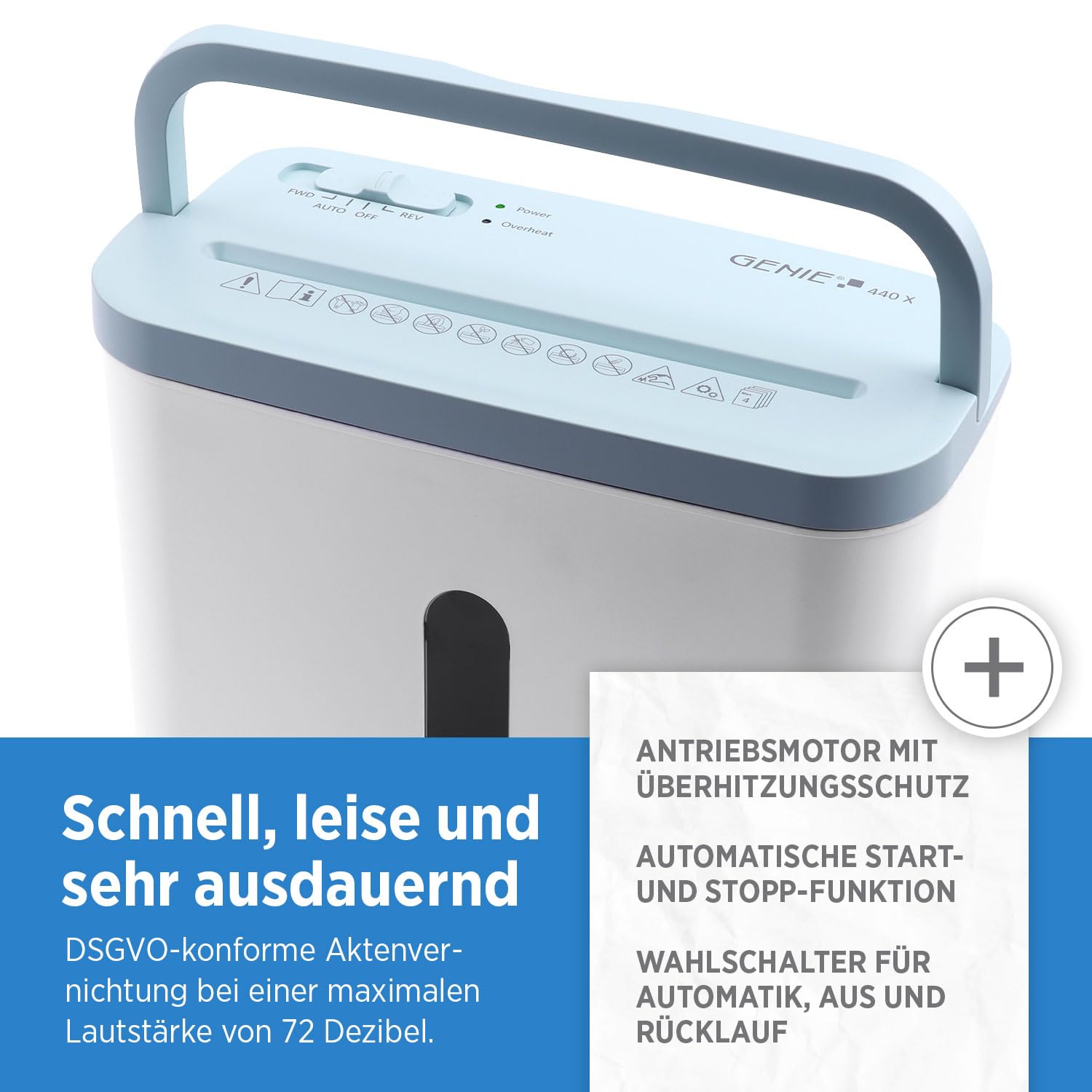 GENIE 440 X Aktenvernichter | Partikelschnitt 4x38 mm | Sicherheitsstufe P-4 | Leise 72 dB | Kompakt & Mobiler Shredder | Automatische Start-/Stopp-Funktion | Überhitzungsschutz Frbe weiß blau
