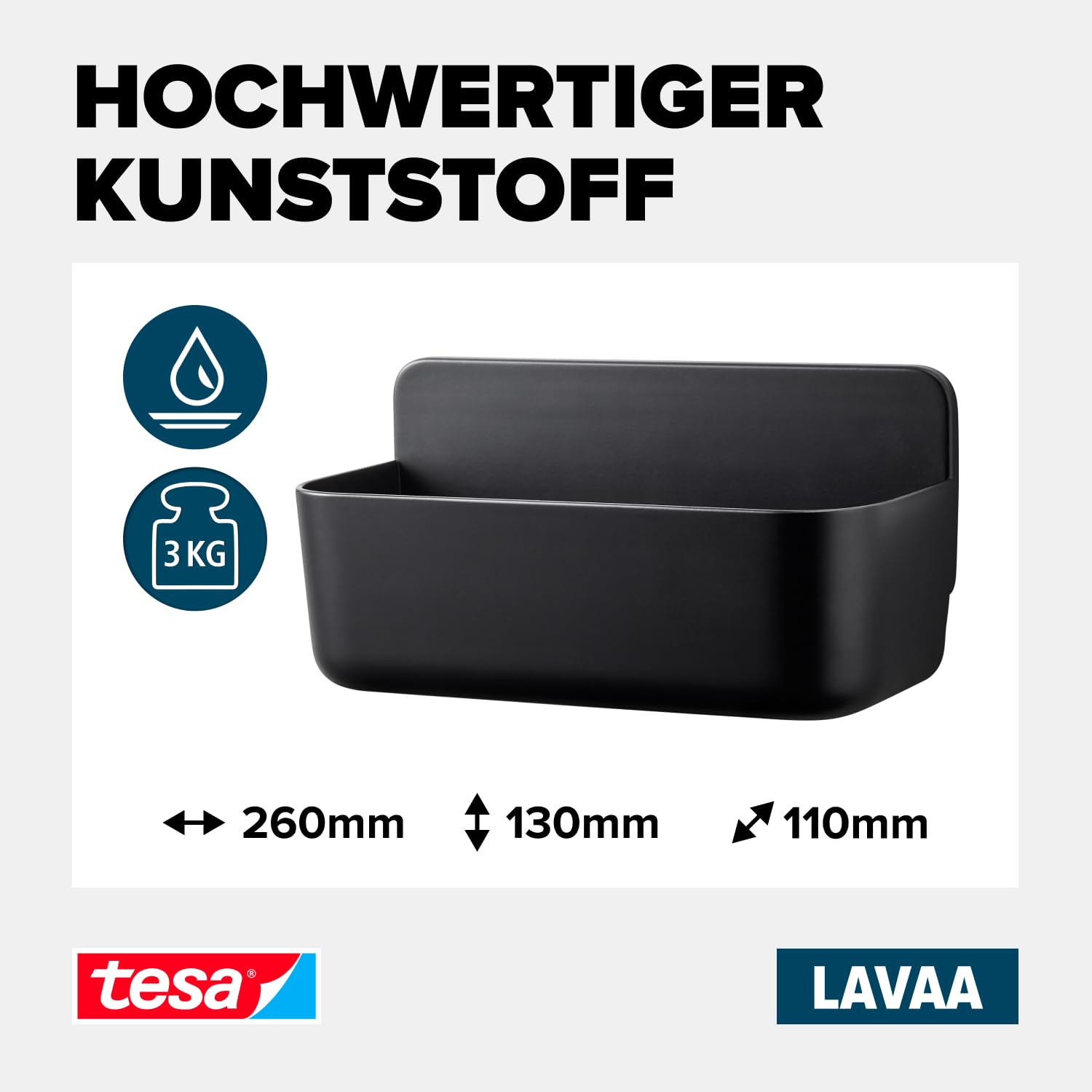 tesa Lavaa Duschkorb M, schwarz matt - Duschablage zur Wandmontage ohne Bohren, inkl Powerstrips Waterproof Strips XL - 260 mm x 130 mm x 110 mm