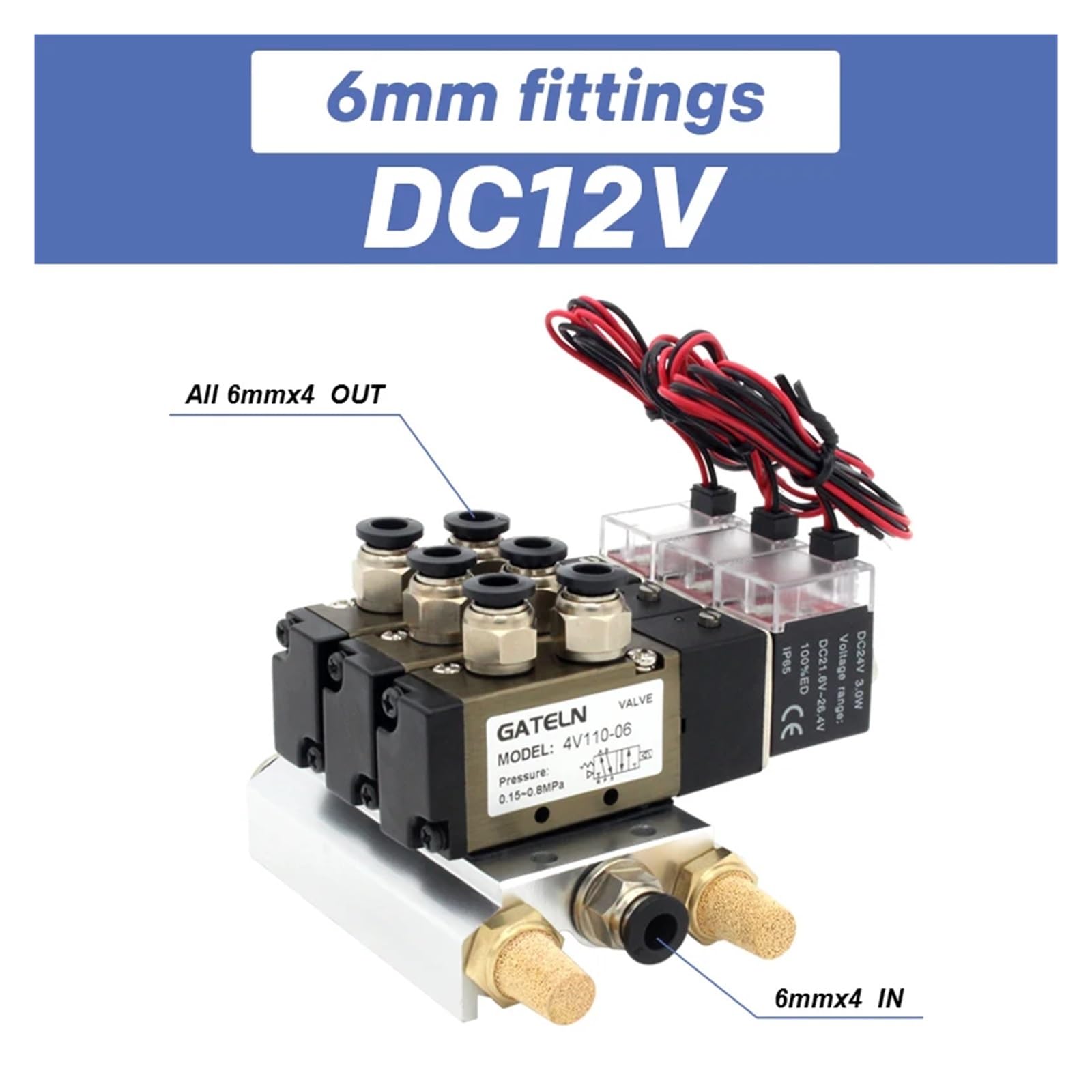 4V110-06 DC24V 12V AC220V AC110V 2 pozycje 5-drożne cztery zawory elektromagnetyczne aluminiowa podstawa akcesoria do tłumika zestaw 3 (DC12V 6 mm mocowania)