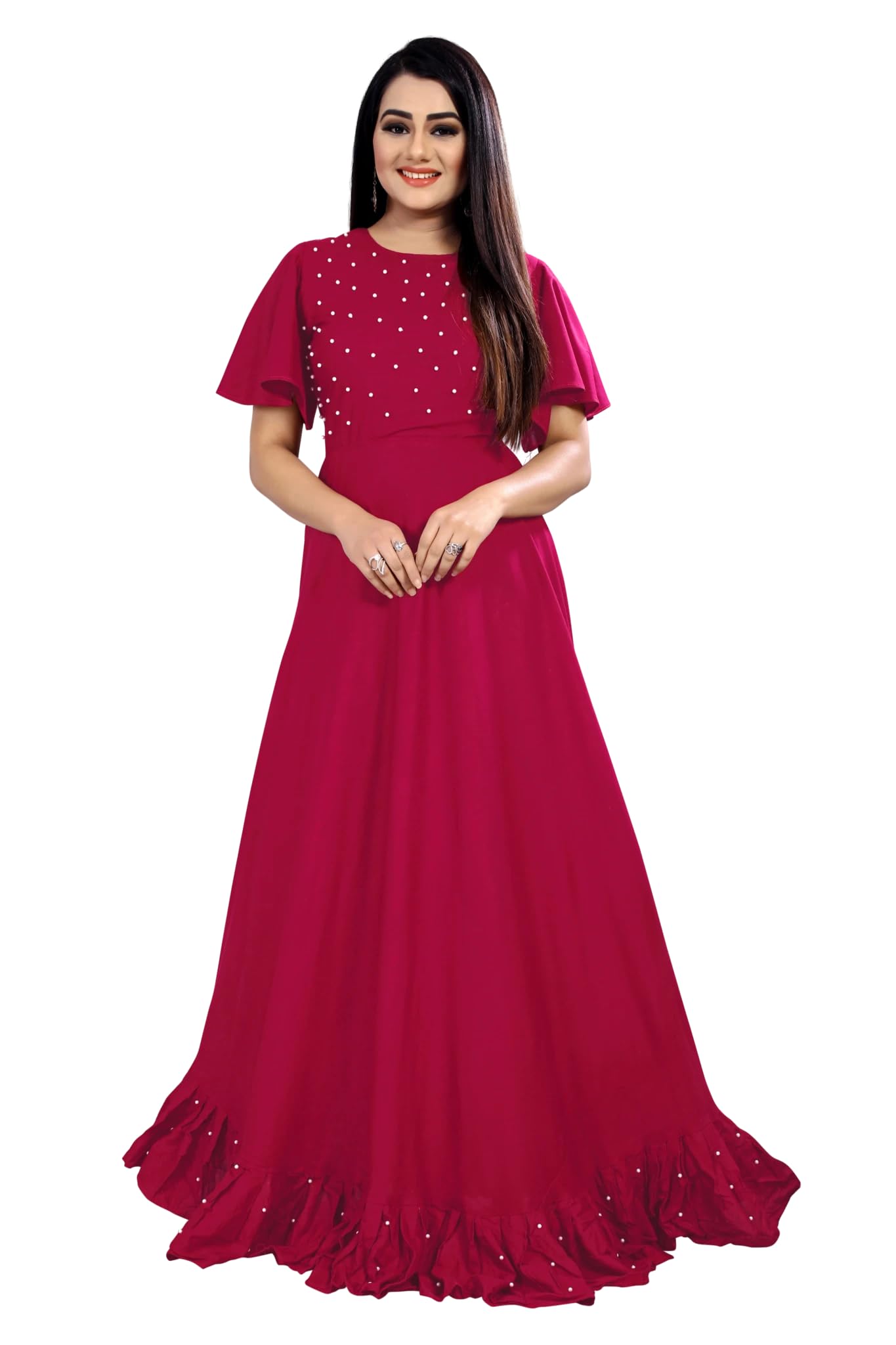 finaxo fashion Women's Rayon Solid with Beads Work Half Sleeve Round Neck Ethnic Wear Long Flared Gown | Casual Maxi Fit and Flare Dress Gown-picture-30