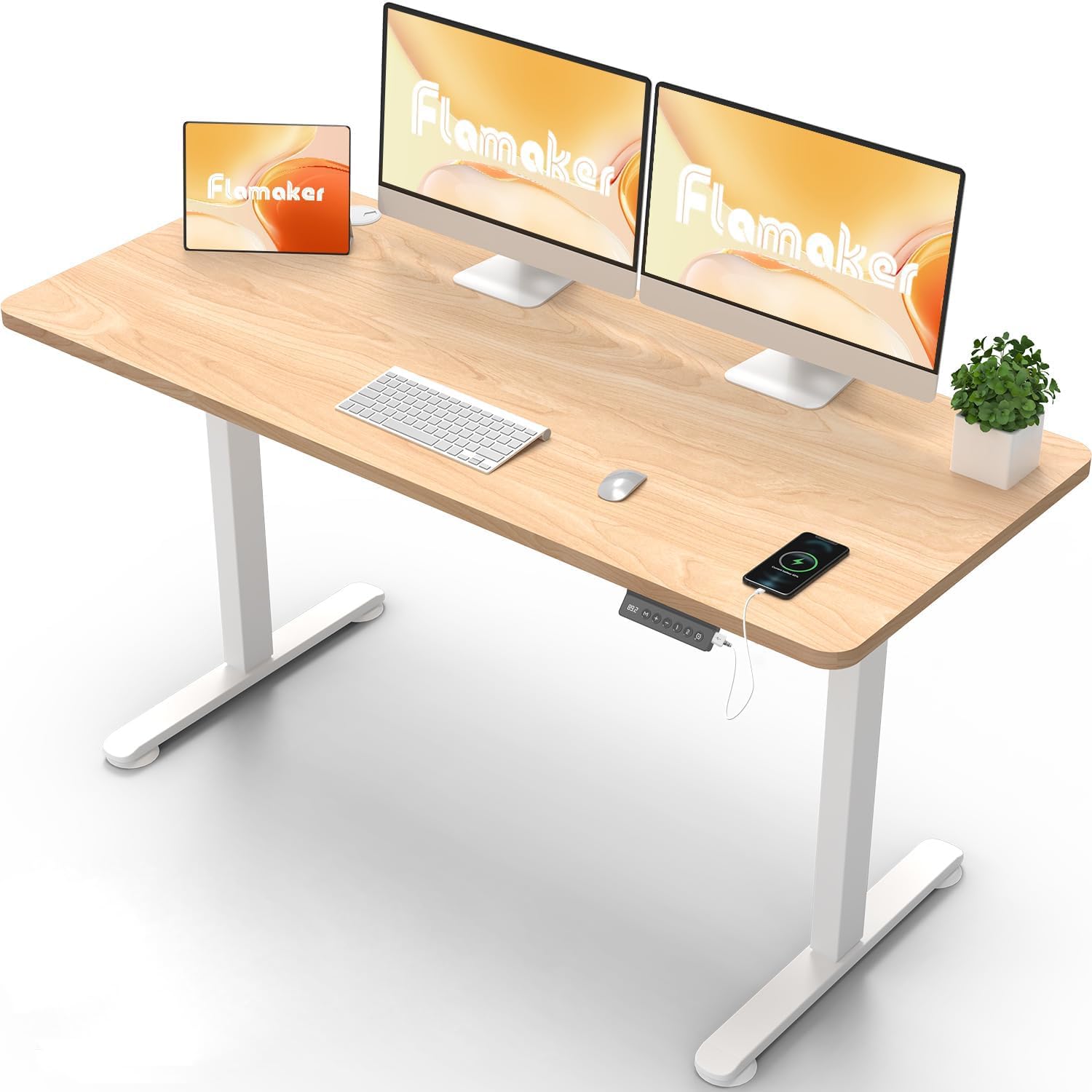 Flamaker Height-Adjustable Desk with two monitors and accessories