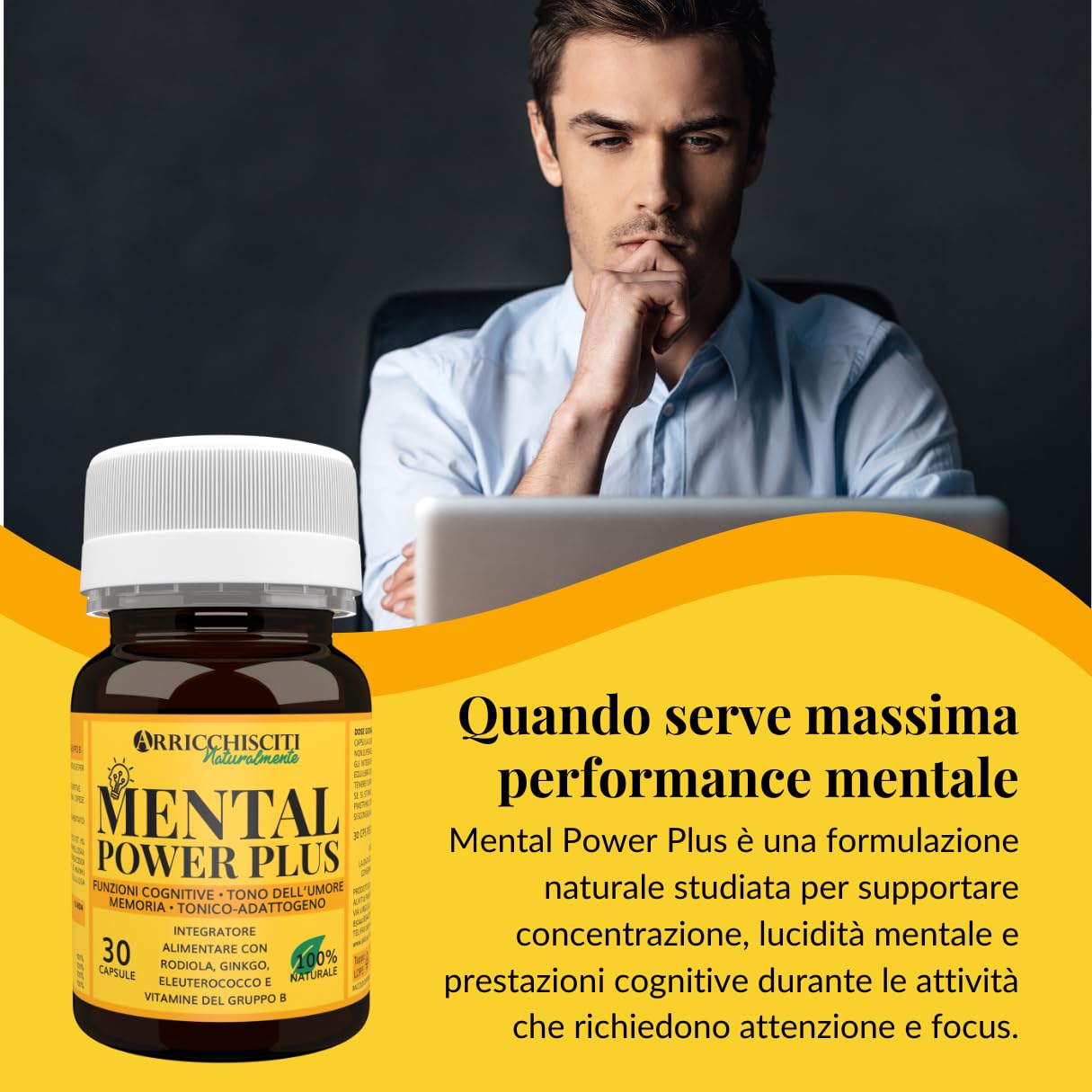 Mental Power Plus, Integratore Energia Mentale con Rodiola, Ginkgo Biloba, Eleuterococco, Vitamine B1, B2, B6, e B12 per Memoria e Concentrazione, Buon Umore, Contro Stress e Stanchezza