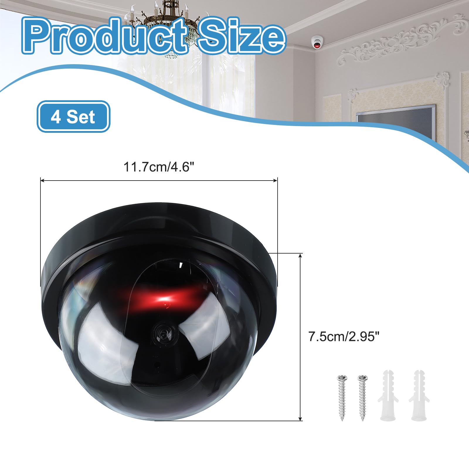PATIKIL Cámara de seguridad falsa, 4 cámaras domo simuladas con luz LED roja intermitente y tornillo para interiores y exteriores, negocio doméstico, color negro
