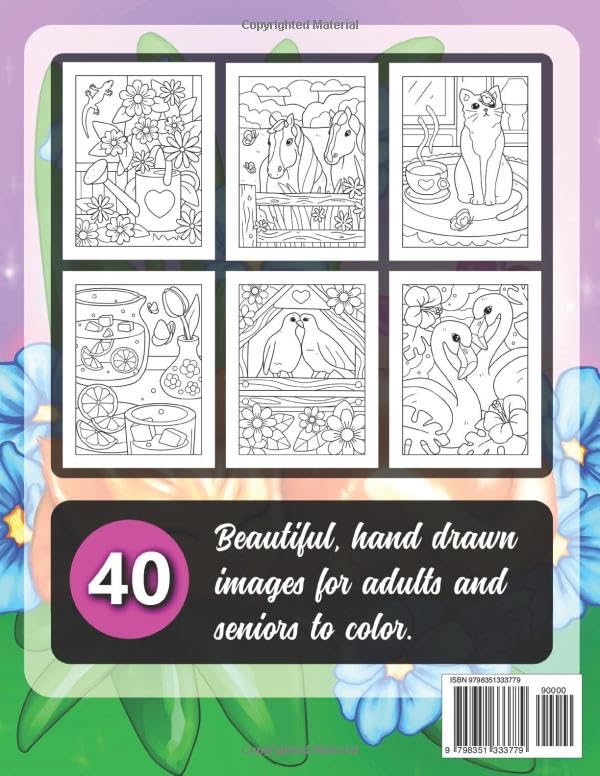 Large Print Coloring Book for Seniors: 40 Bold & Easy Coloring Pages for Adults to Color Simple Flowers, Butterflies, Animals & More image 3