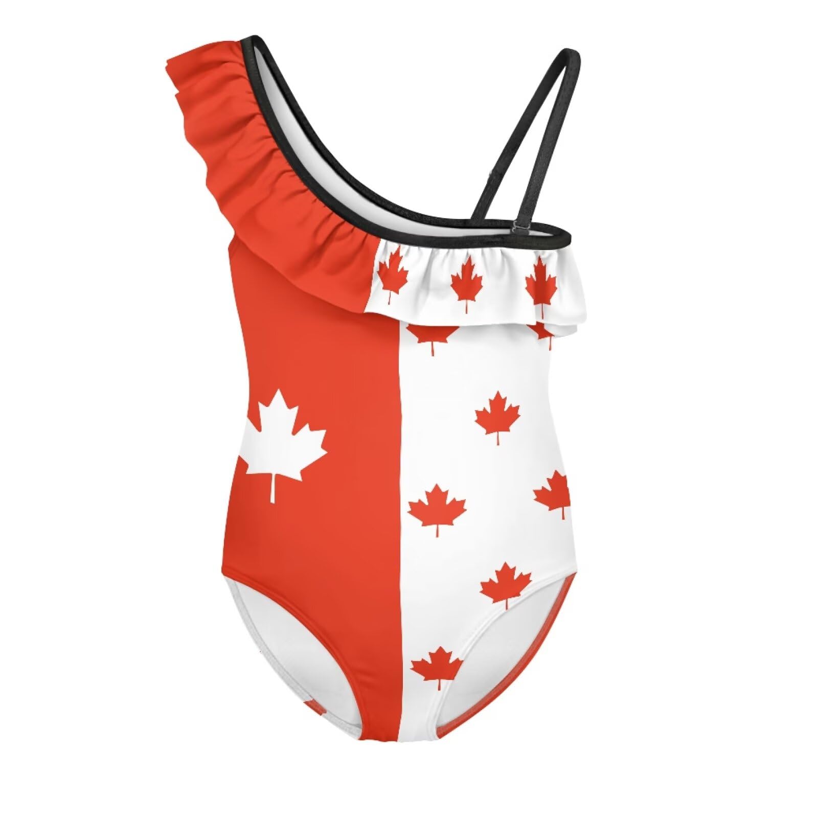 Gzzxiailg Canadian Flag Childrens One Piece Swimsuits Tie Shoulder Ruffled Bathing Suit Sport Summer Gymnastics Leotards Suitable for 3-14Y Pool Outfits