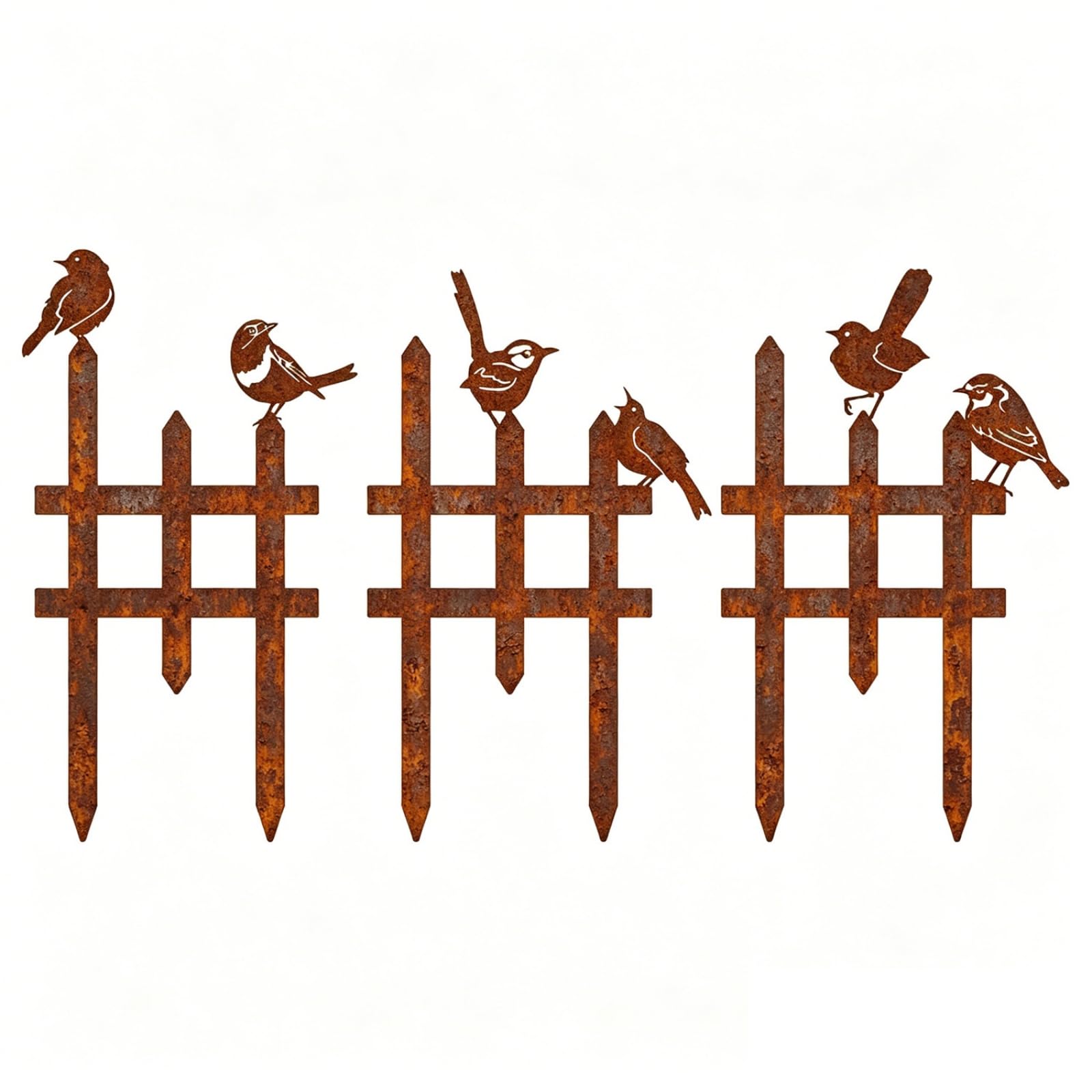 3 Pieces Recinzione a Picchetto con Uccelli Stile Steccato Fence Decorativo con Contorni di Uccelli Traforato Recinzione Decorativa da Giardino, Ruggine