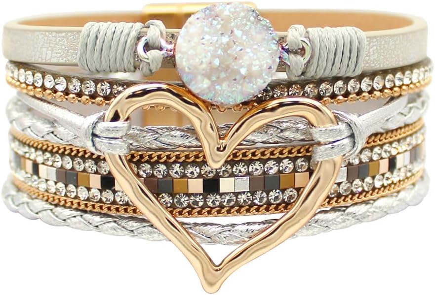 P Ammy Fashion® Women's Multi-layer Love Heart Leather Wrap Bracelets Stackable Boho Bangles Bohemian Cuff with Magnetic Clasp Jewelry Gift