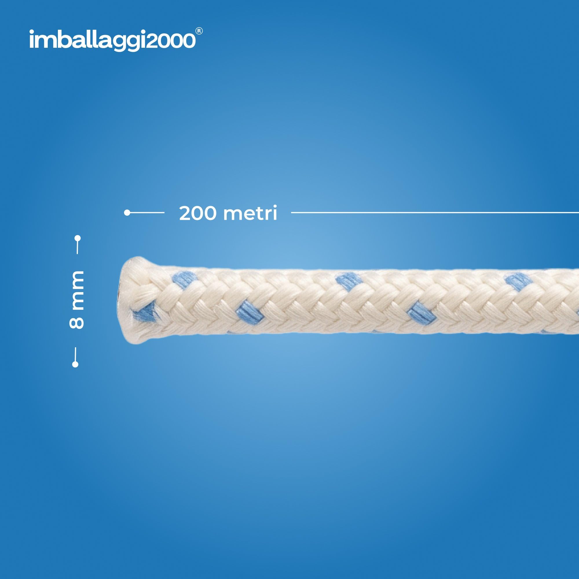 IMBALLAGGI 2000 - Corda Treccia Mare 8mm Bianca con Spia Blu - Intera Bobina 200 Metri - Stabilizzata UV, Resistente Intemperie e Agenti Atmosferici