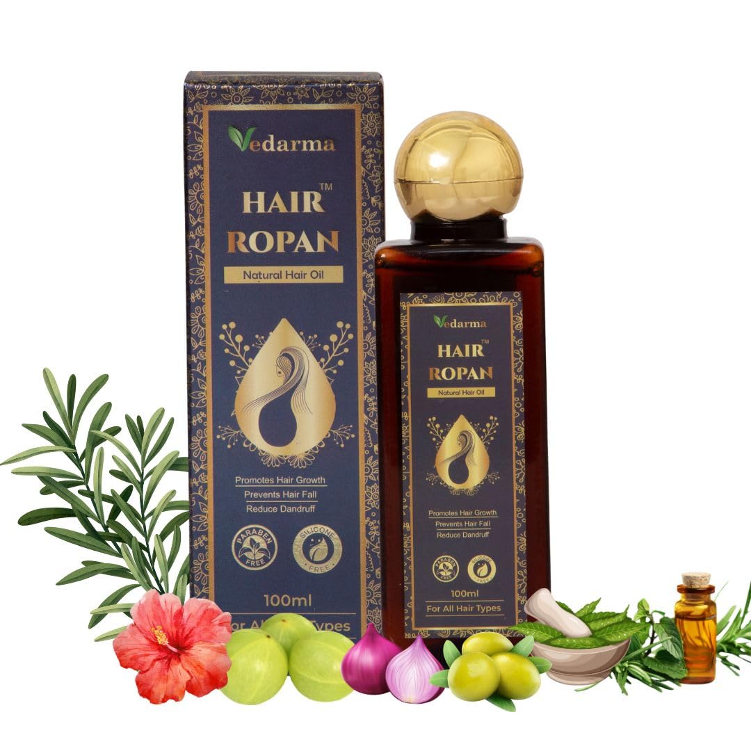 VEDARMA Hair Ropan Oil for Hair Care, 100 ml – Ayurvedic Oil for Hair Fall Support, Dandruff Reduction & Scalp Nourishment. Enriched with Flax Seed, Brahmi, and Bhringraj. Paraben & Silicone Free.