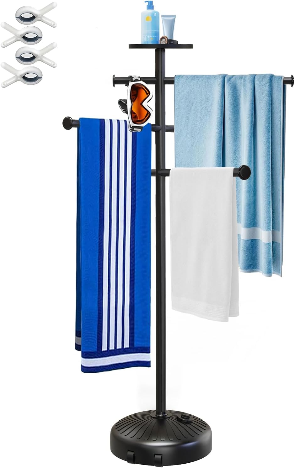 Toallero de piscina de 63 pulgadas con ruedas para interior y exterior, toallero con compartimento de almacenamiento, 6 barras ajustables, accesorios de tubo caliente, toallero independiente para