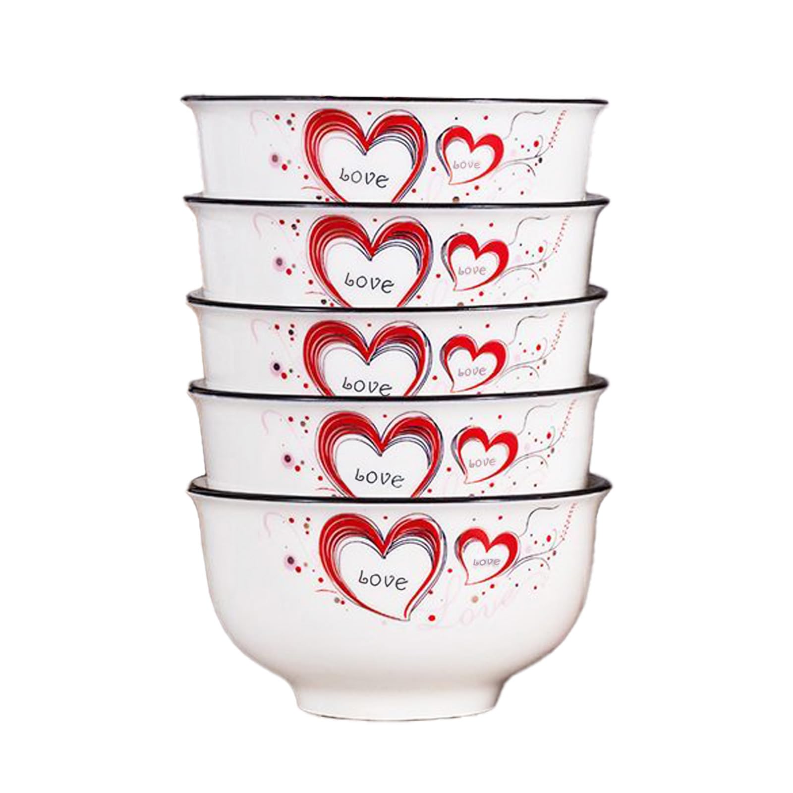 5 Pack Porcelain Bowls With Heart Pattern, 4.63" x 2.36" Ceramic Bowls Rice Pasta Soup Ramen Bowls for Kitchen Restaurant Serving Bowls, Oatmeal