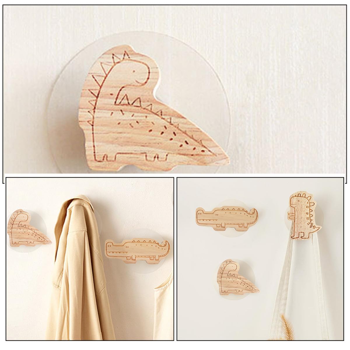 Ganchos Adhesivos para Pared de Madera Diseño de Dinosaurio, 4 Piezas, para Colgar Sombreros y Llaves en Habitación Infantil, Perchero sin Perforaciones, Decoración Adhesiva Hogar