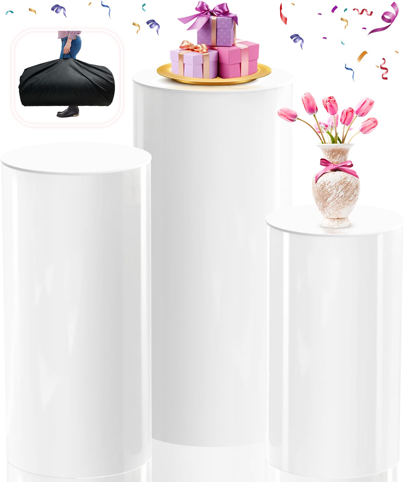 Set of 3 White Cylinder Stands for Party with Storage Bag- Round Cylinder Pedestal Stands for Display, White Cylinder Pedestal Display for Wedding Baby Shower Birthday Event Decor