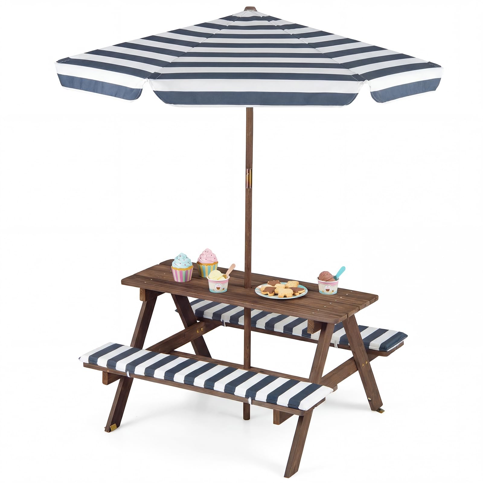 COSTWAY Kids Picnic Table, Garden Wooden Bench with Removable Umbrella, Outdoor Children Furniture Parasol Set (Navy + White + Brown, 91 x 80 x 50cm) — image 1
