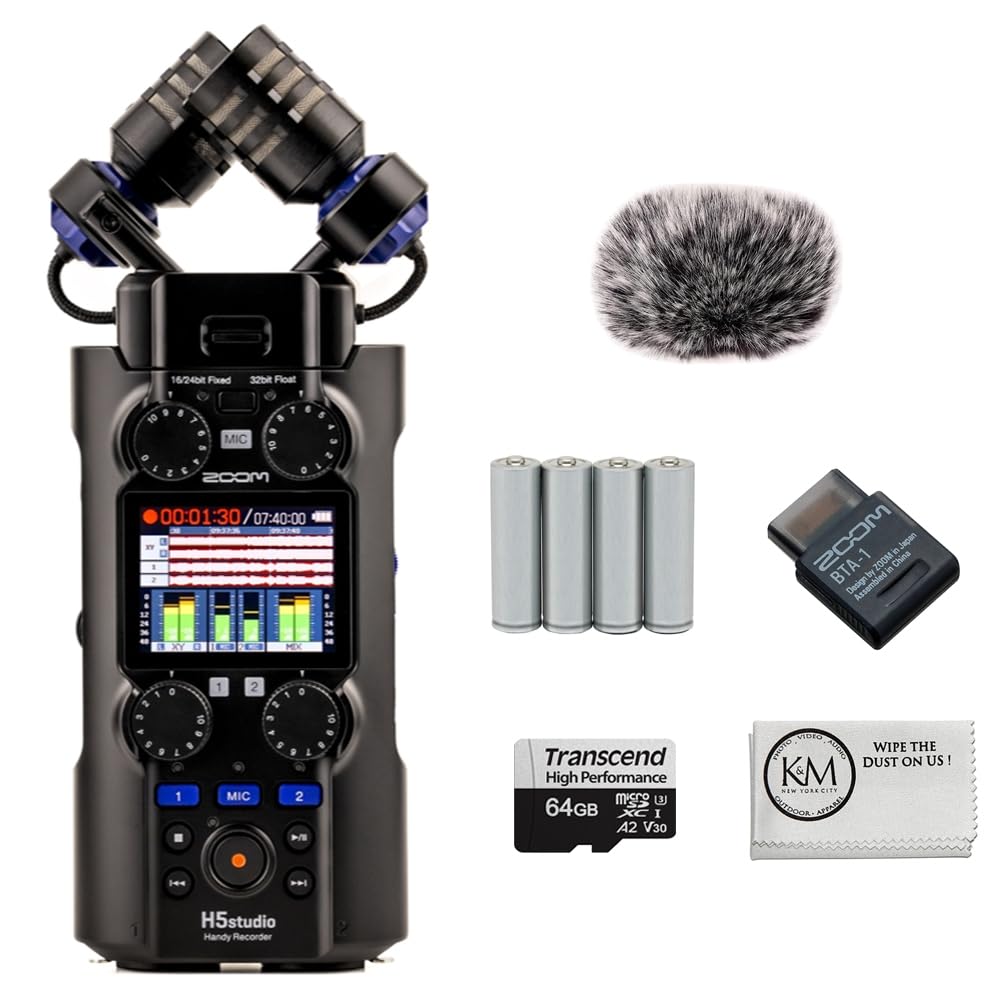 Zoom H5studio Handy Recorder Bundle BTA-1 Bluetooth Adapter + 64GB microSDXC Memory Card + Furry Wind Screen + 4 Pack AA Batteries + Cleaning Cloth (6 Items)
